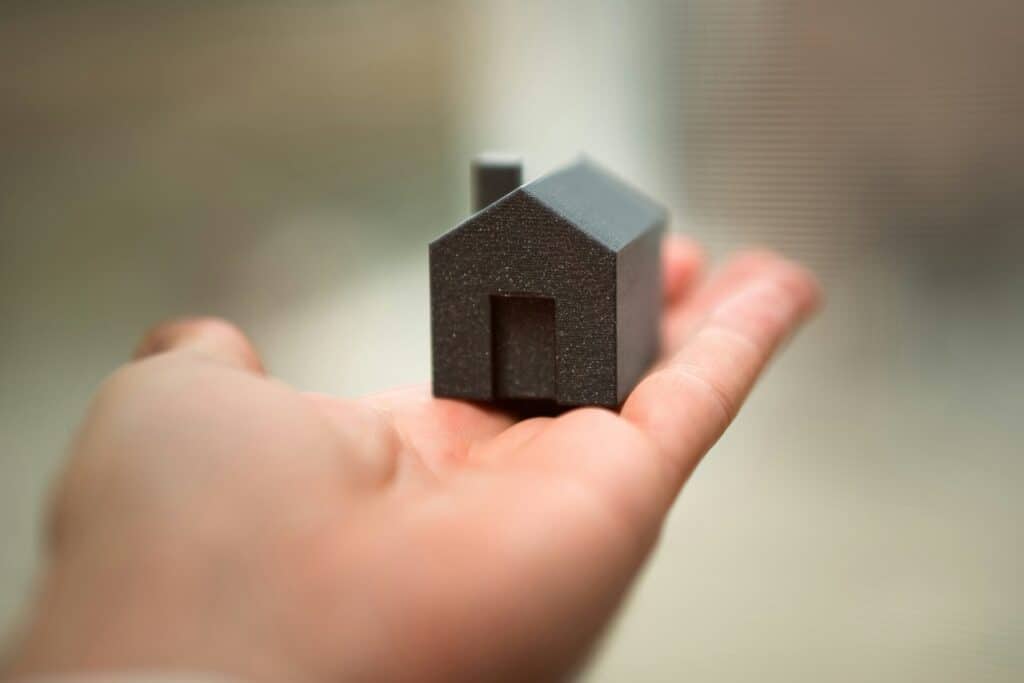 A person holding a small black house in their hand